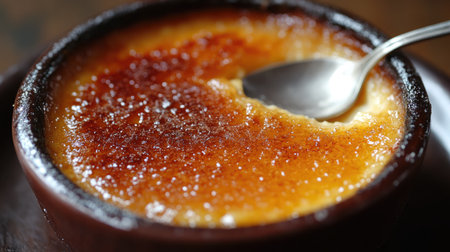 A golden-brown crme brle with a perfectly caramelized sugar crust and a spoon cracking into it.の素材