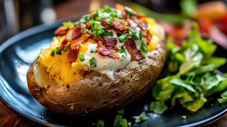 A loaded baked potato stuffed with sour cream, cheese, bacon, and chives, served with a side salad.の素材