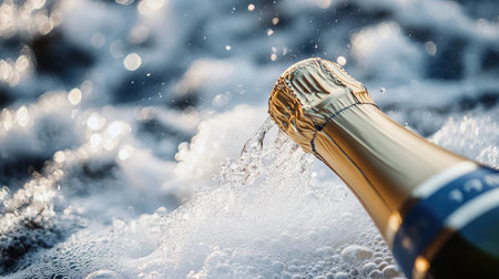 A chilled bottle of champagne popping open with bubbly foam overflowing.の素材