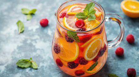 A pitcher of homemade sangria filled with citrus slices, berries, and fresh mint leaves.の素材