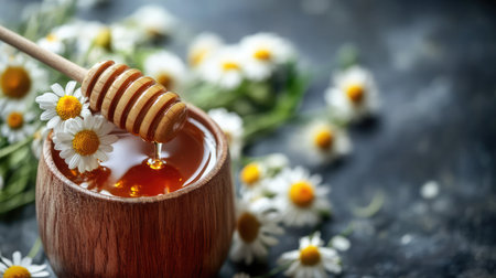 A hot cup of herbal chamomile tea with fresh flowers and honey drizzling from a wooden dipper.の素材