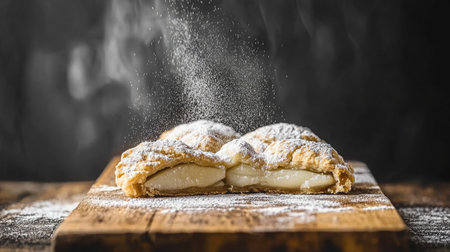 A rustic pear tart with flaky crust, served on a wooden board with a dusting of powdered sugar.の素材