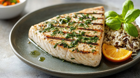 A plate of perfectly grilled swordfish steak with a citrus herb dressing, served with wild rice.の素材