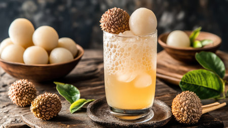 A refreshing lychee iced tea with fresh lychee pieces floating in the glass.の素材