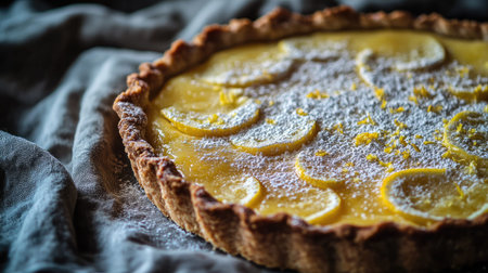 A rustic lemon tart with a golden crust, topped with powdered sugar and lemon zest.の素材
