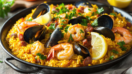 A seafood paella with saffron rice, mussels, shrimp, and chorizo, garnished with fresh parsley and lemon wedges.の素材