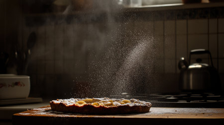 A rustic pear tart with flaky crust, served on a wooden board with a dusting of powdered sugar.の素材