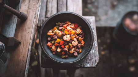 A spicy jambalaya with shrimp, sausage, bell peppers, and Cajun spices, served in a rustic bowl.の素材