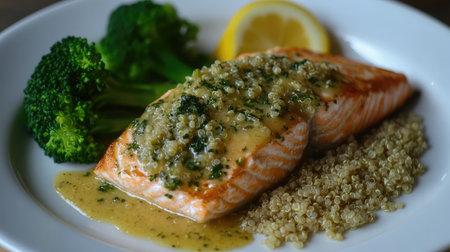 A grilled salmon fillet with a lemon butter sauce, served alongside quinoa and steamed broccoli.の素材