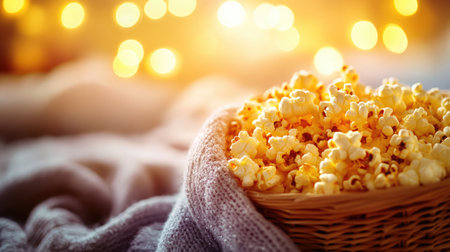 A basket of freshly popped buttery popcorn with a sprinkle of salt, placed on a cozy couch setting.の素材