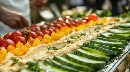 A beautifully arranged platter of sliced cucumbers, bell peppers, and cherry tomatoes, served with hummus.の素材