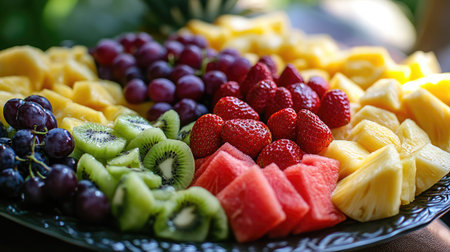 A beautifully arranged fruit platter featuring pineapple, watermelon, grapes, kiwi, and strawberries.の素材
