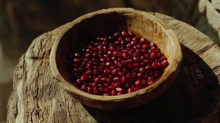 A bowl of pomegranate seeds glistening with juice, placed on a rustic wooden board.の素材