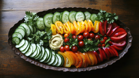 A beautifully arranged platter of sliced cucumbers, bell peppers, and cherry tomatoes, served with hummus.の素材