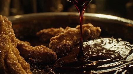 A close-up of sweet cinnamon sugar-coated churros with a cup of rich chocolate sauce.の素材