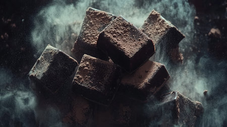 A collection of dark chocolate bars broken into pieces, with cocoa powder dusted around.の素材