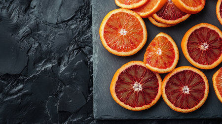 A composition of sliced blood oranges showing their deep red and orange swirls, arranged on a slate board.の素材