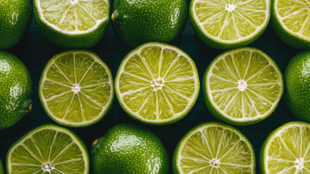 A display of fresh limes cut into halves, revealing their bright green interiors and juicy pulp.の素材