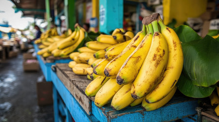 A fresh bundle of yellow bananas resting on a market stall with tropical leaves.の素材