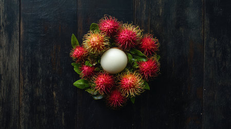 A cut-open rambutan fruit showing its white, translucent flesh against a dark wooden background.の素材