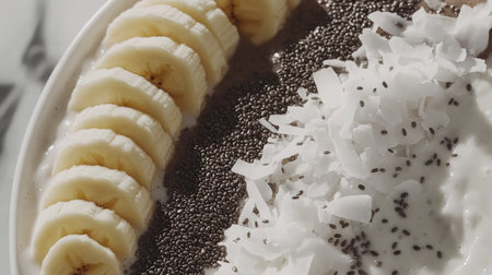 A delicious homemade smoothie bowl topped with shredded coconut, banana, and chia seeds.の素材