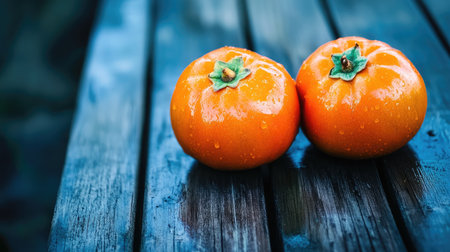 A pair of ripe persimmons with their glossy orange skin, resting on a dark wooden surface.の素材