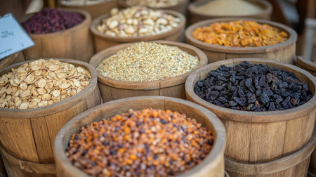 A variety of dried fruits and nuts displayed in wooden serving bowls.の素材