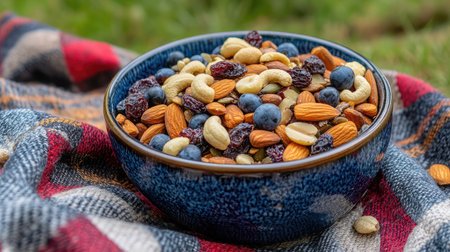 A vibrant bowl of mixed trail mix with nuts, seeds, and dried berries, placed on a picnic blanket.の素材