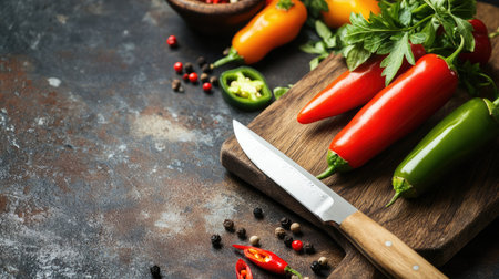 A set of jalapeos and habanero peppers, placed on a wooden cutting board with a knife.の素材