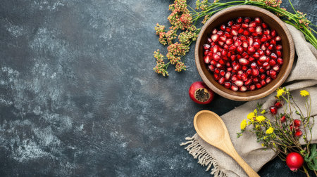 A bowl of fresh pomegranate seeds with a wooden spoon on a rustic table.の素材