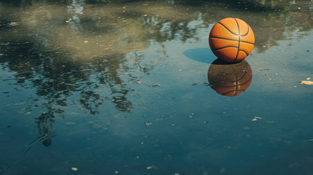 A basketball bouncing on a hardwood court with its reflection visible in the polished surface.の素材
