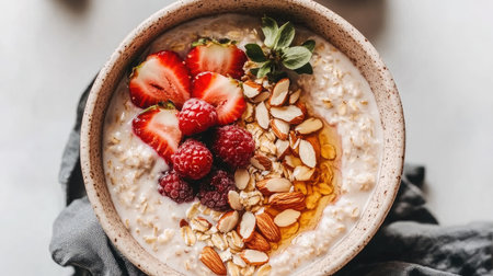 A bowl of overnight oats topped with fresh berries, almonds, and honey drizzle.の素材