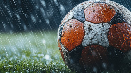 A close-up of a football with blades of grass stuck to its surface after a rainy game.の素材