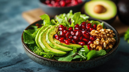 A beautiful salad with avocado, pomegranate seeds, walnuts, and leafy greens.の素材
