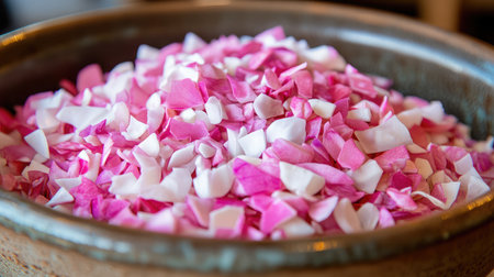 A close-up of freshly chopped red and white cabbage, arranged in a ceramic bowl.の素材