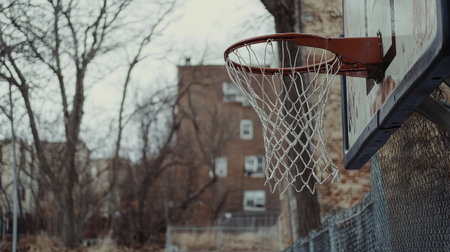 A close-up of a basketball net swinging from a recent shot, set against the backboard.の素材