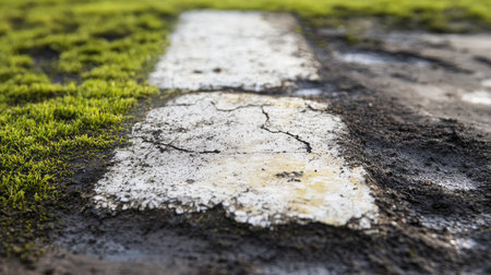 A close-up of penalty spot turf, worn out from repeated game action.の素材