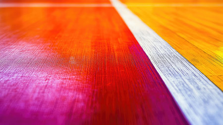 A close-up of the free-throw line on a basketball court, showing the textured floor markings.の素材
