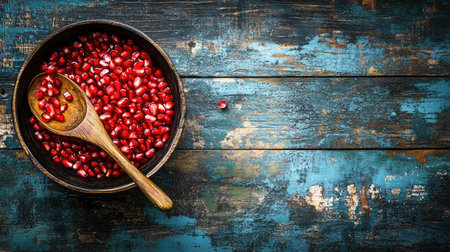 A bowl of fresh pomegranate seeds with a wooden spoon on a rustic table.の素材