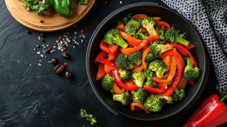 A colorful vegetable stir-fry in a wok, featuring bell peppers, broccoli, and carrots.の素材