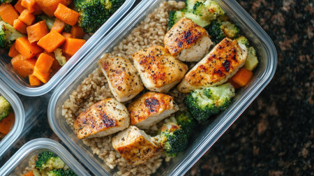 A balanced meal prep with grilled chicken, brown rice, and roasted vegetables in containers.の素材