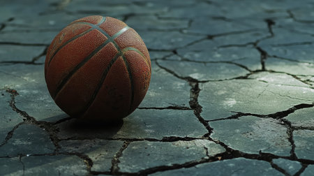 A detailed shot of a worn basketball with scuff marks, resting on a cracked outdoor court.の素材