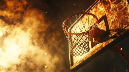 A dramatic shot of a basketball hoop with a backboard illuminated by intense overhead lights.の素材
