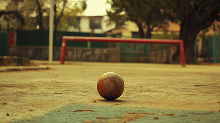 A football sitting on the penalty spot with a goalpost in the background, ready for a decisive shot.の素材