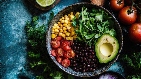 A bowl of black beans, avocado, corn, and tomatoes with a drizzle of lime dressing.の素材