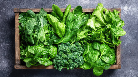 A collection of leafy greens including spinach, kale, and arugula in a wooden basket.の素材