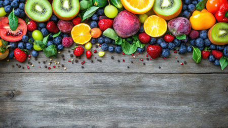 A colorful assortment of fresh vegetables and fruits arranged on a rustic wooden table.の素材