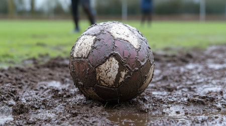 A dramatic shot of a football covered in mud, lying on a rough field.の素材