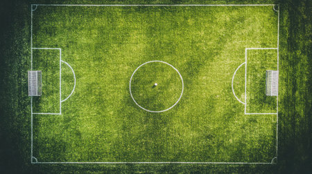 A top-down view of a soccer field with a football placed perfectly at the center circle.の素材