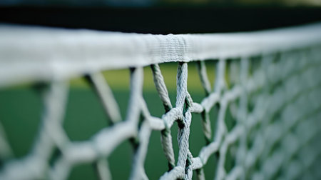 A close-up of a new tennis net, highlighting the woven texture and white band on top.の素材